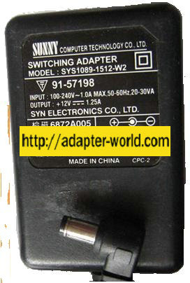 SUNNY SYS1089-1512-W2 AC ADAPTER 12Vdc 1.25A -( ) 2.5x5.5mm New - Click Image to Close